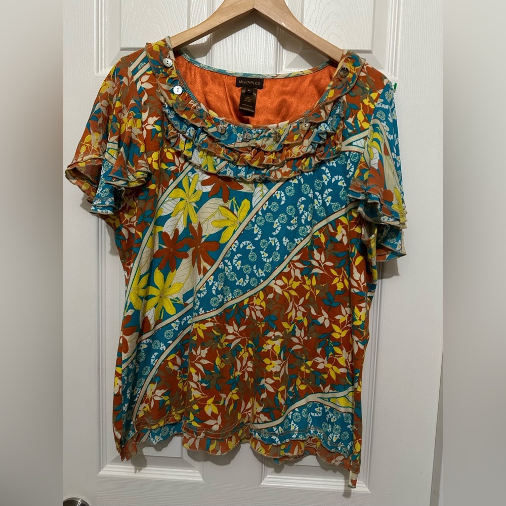 Multiples Floral Ruffle Short-Sleeve Blouse in Teal, Rust & Yellow